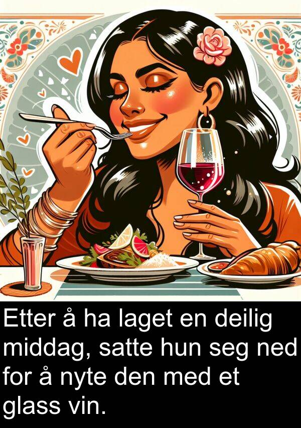 glass: Etter å ha laget en deilig middag, satte hun seg ned for å nyte den med et glass vin.