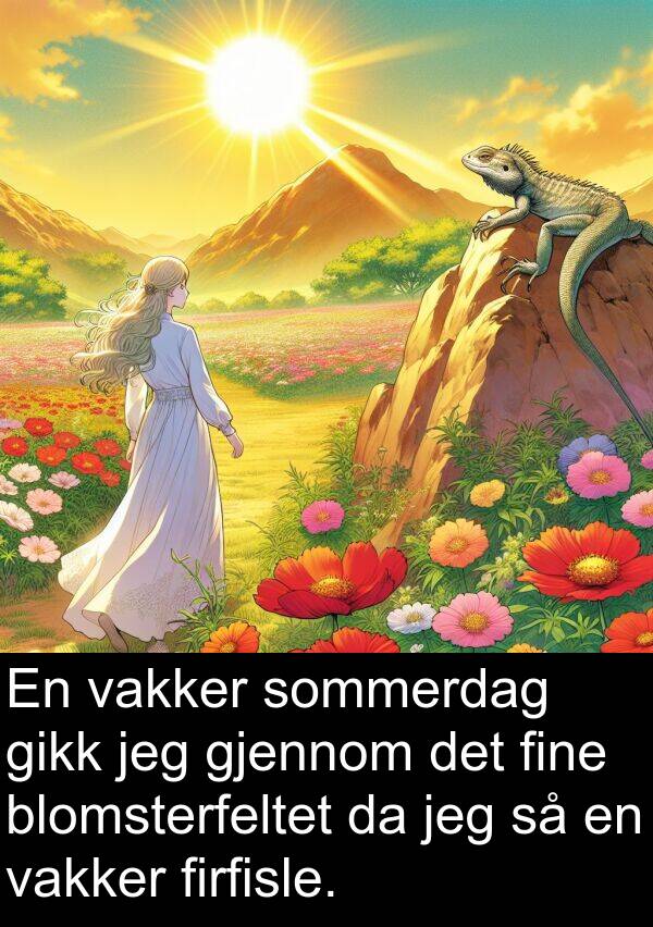fine: En vakker sommerdag gikk jeg gjennom det fine blomsterfeltet da jeg så en vakker firfisle.