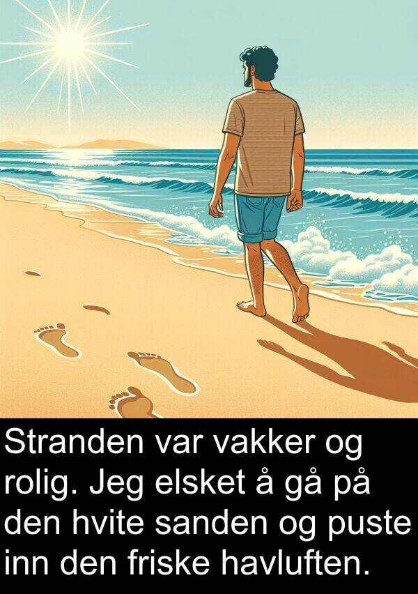 hvite: Stranden var vakker og rolig. Jeg elsket å gå på den hvite sanden og puste inn den friske havluften.
