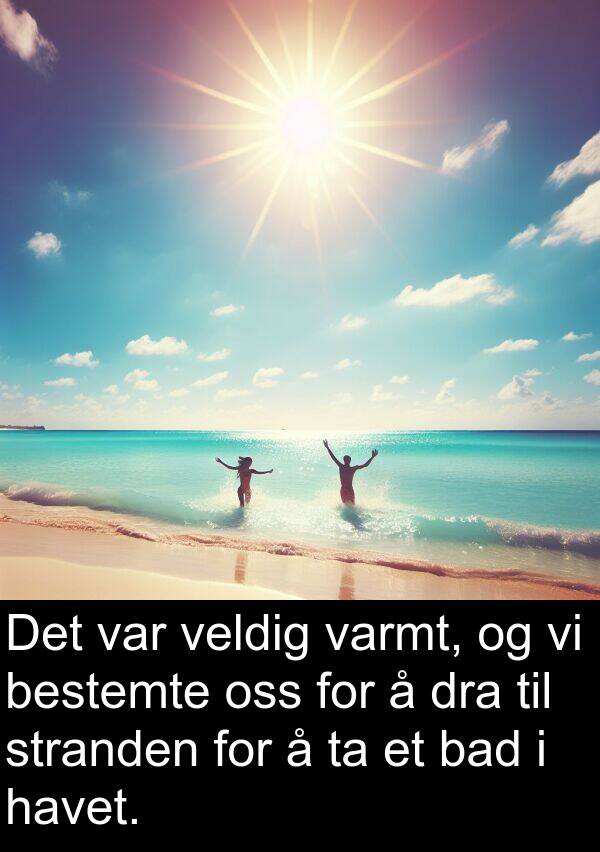 bad: Det var veldig varmt, og vi bestemte oss for å dra til stranden for å ta et bad i havet.