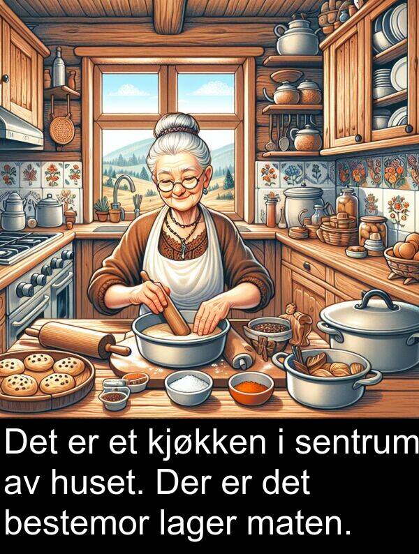 maten: Det er et kjøkken i sentrum av huset. Der er det bestemor lager maten.