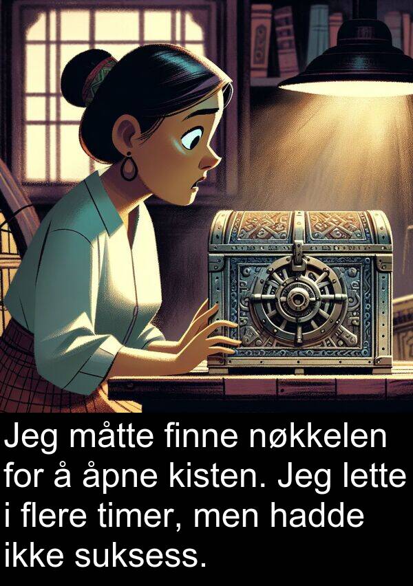 finne: Jeg måtte finne nøkkelen for å åpne kisten. Jeg lette i flere timer, men hadde ikke suksess.