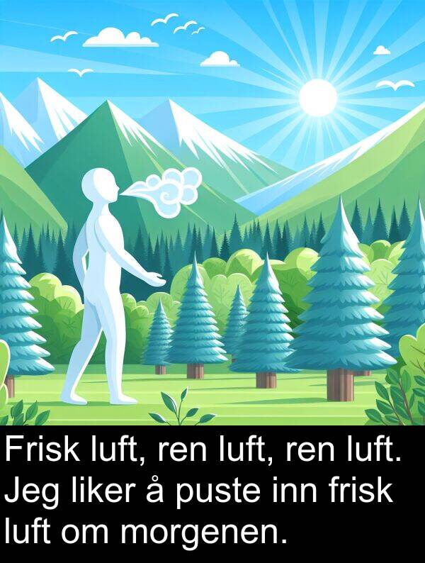 ren: Frisk luft, ren luft, ren luft. Jeg liker å puste inn frisk luft om morgenen.