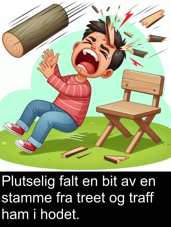 falt: Plutselig falt en bit av en stamme fra treet og traff ham i hodet.
