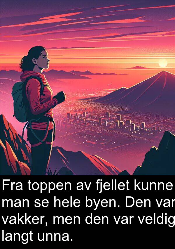 man: Fra toppen av fjellet kunne man se hele byen. Den var vakker, men den var veldig langt unna.