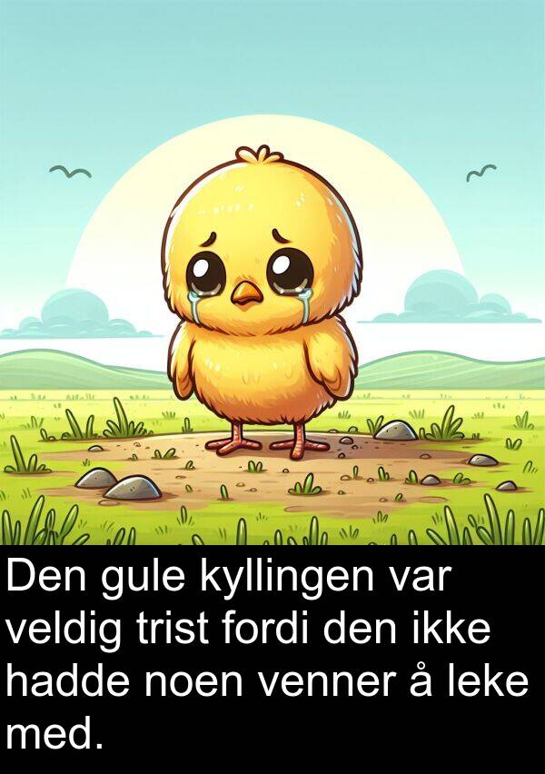 leke: Den gule kyllingen var veldig trist fordi den ikke hadde noen venner å leke med.
