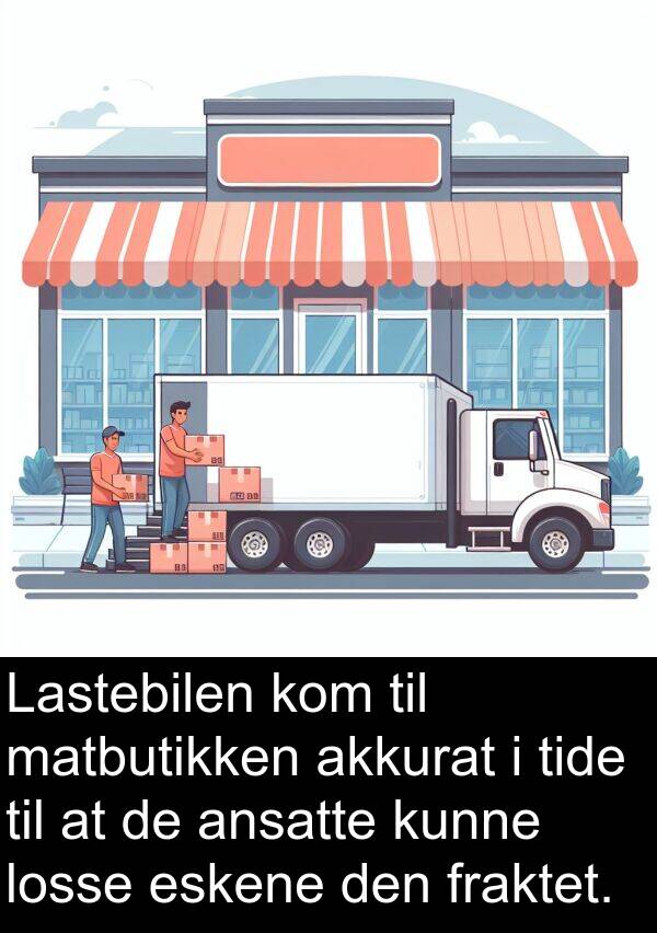 matbutikken: Lastebilen kom til matbutikken akkurat i tide til at de ansatte kunne losse eskene den fraktet.