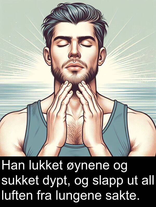 øynene: Han lukket øynene og sukket dypt, og slapp ut all luften fra lungene sakte.