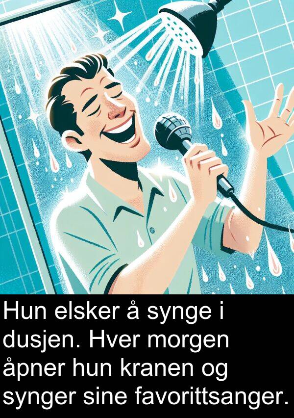 favorittsanger: Hun elsker å synge i dusjen. Hver morgen åpner hun kranen og synger sine favorittsanger.