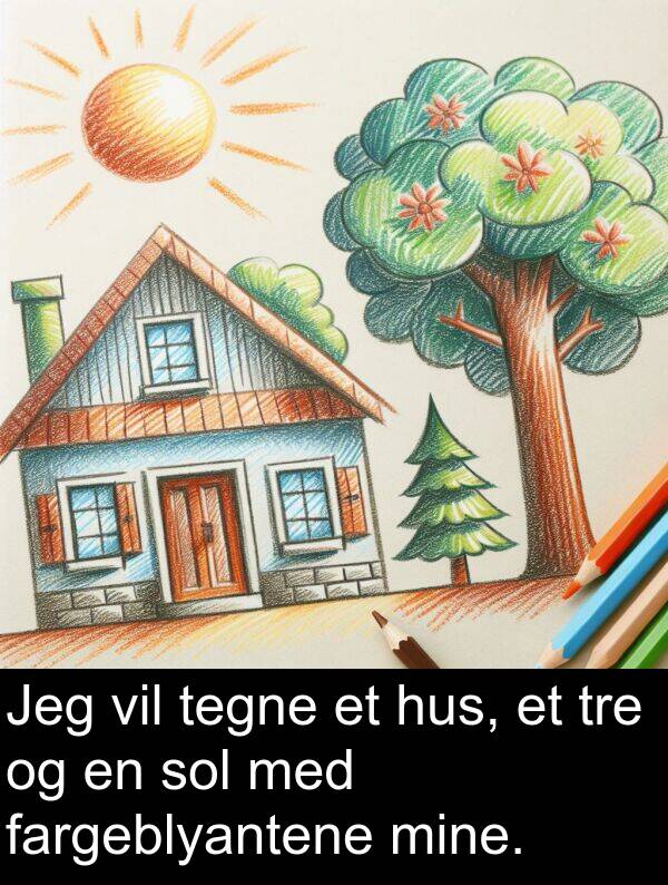 fargeblyantene: Jeg vil tegne et hus, et tre og en sol med fargeblyantene mine.