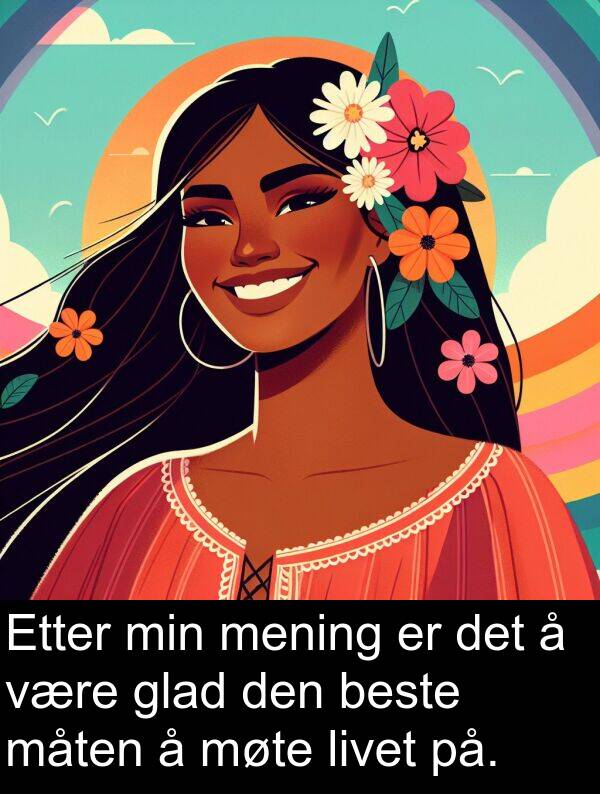 glad: Etter min mening er det å være glad den beste måten å møte livet på.