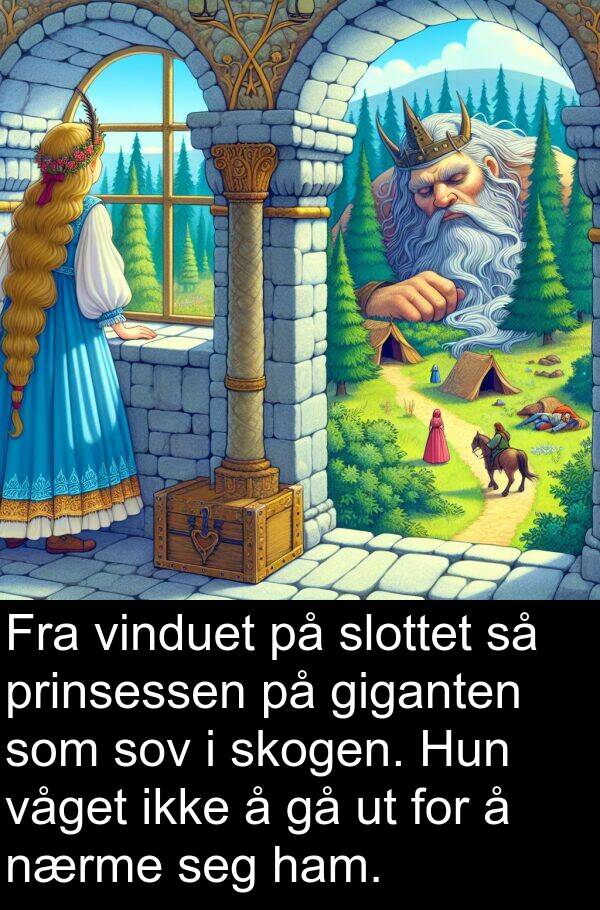 skogen: Fra vinduet på slottet så prinsessen på giganten som sov i skogen. Hun våget ikke å gå ut for å nærme seg ham.