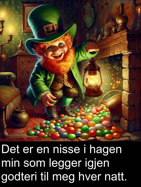 nisse: Det er en nisse i hagen min som legger igjen godteri til meg hver natt.