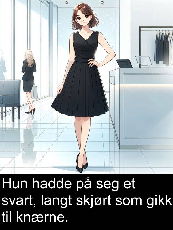 skjørt: Hun hadde på seg et svart, langt skjørt som gikk til knærne.