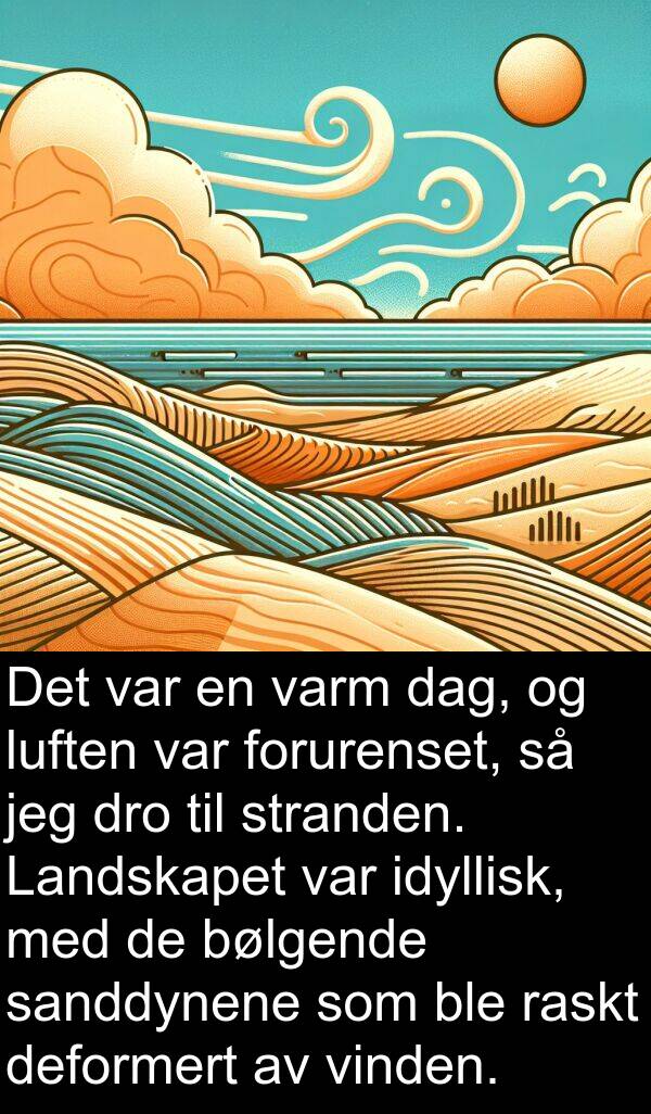 raskt: Det var en varm dag, og luften var forurenset, så jeg dro til stranden. Landskapet var idyllisk, med de bølgende sanddynene som ble raskt deformert av vinden.
