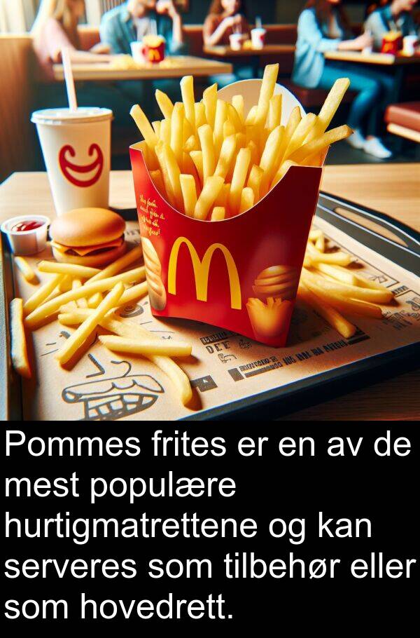 serveres: Pommes frites er en av de mest populære hurtigmatrettene og kan serveres som tilbehør eller som hovedrett.
