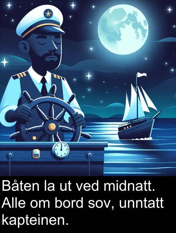 kapteinen: Båten la ut ved midnatt. Alle om bord sov, unntatt kapteinen.