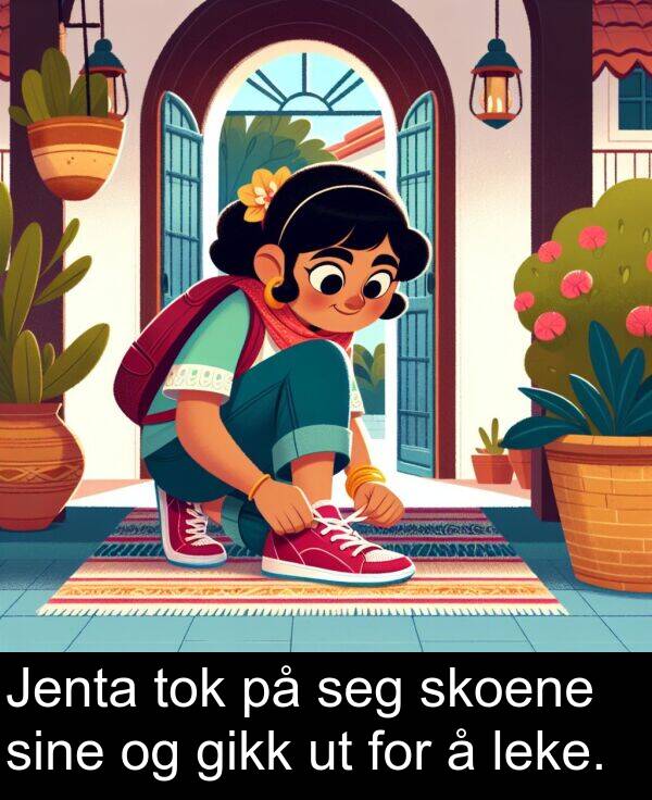 leke: Jenta tok på seg skoene sine og gikk ut for å leke.