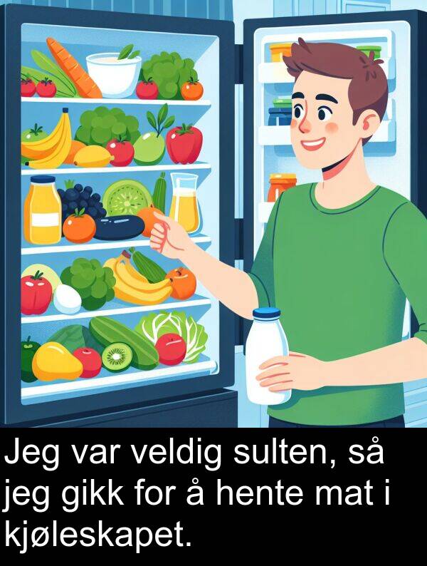 kjøleskapet: Jeg var veldig sulten, så jeg gikk for å hente mat i kjøleskapet.
