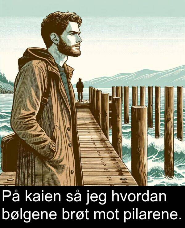 kaien: På kaien så jeg hvordan bølgene brøt mot pilarene.