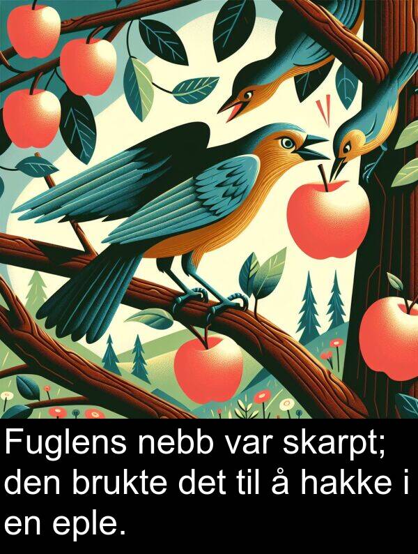 nebb: Fuglens nebb var skarpt; den brukte det til å hakke i en eple.