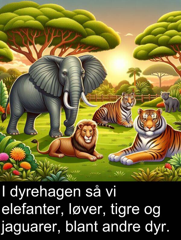 dyr: I dyrehagen så vi elefanter, løver, tigre og jaguarer, blant andre dyr.