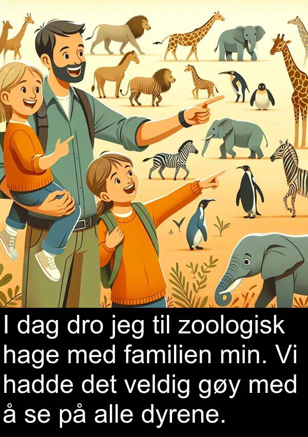dyrene: I dag dro jeg til zoologisk hage med familien min. Vi hadde det veldig gøy med å se på alle dyrene.