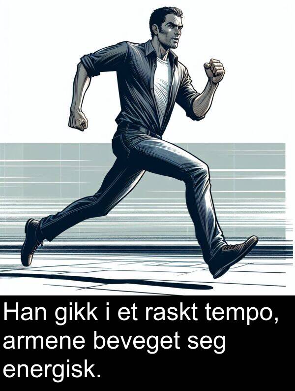 raskt: Han gikk i et raskt tempo, armene beveget seg energisk.