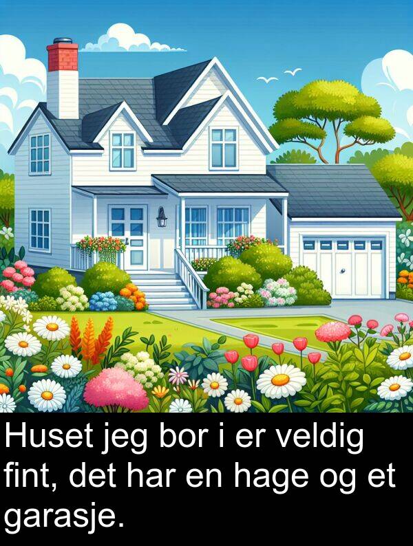 fint: Huset jeg bor i er veldig fint, det har en hage og et garasje.