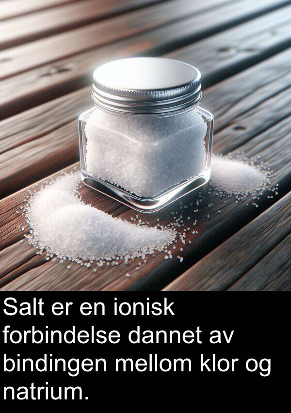 dannet: Salt er en ionisk forbindelse dannet av bindingen mellom klor og natrium.