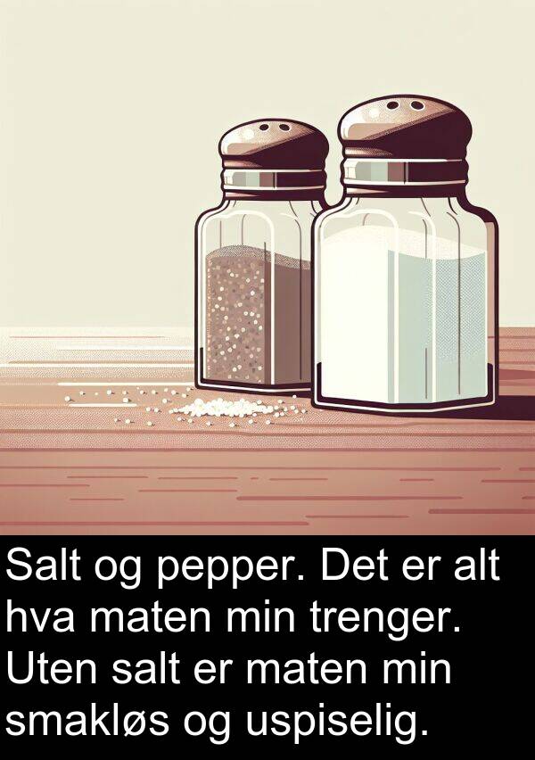 maten: Salt og pepper. Det er alt hva maten min trenger. Uten salt er maten min smakløs og uspiselig.