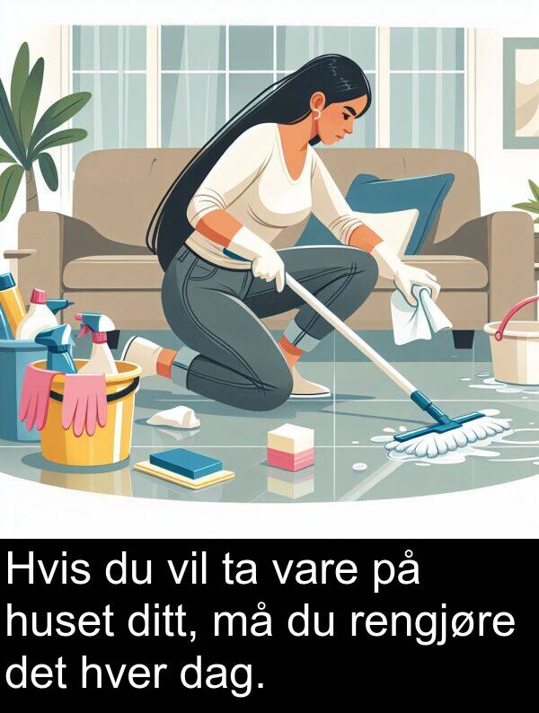 rengjøre: Hvis du vil ta vare på huset ditt, må du rengjøre det hver dag.