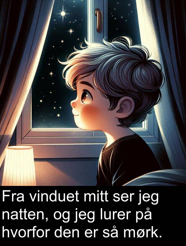 ser: Fra vinduet mitt ser jeg natten, og jeg lurer på hvorfor den er så mørk.