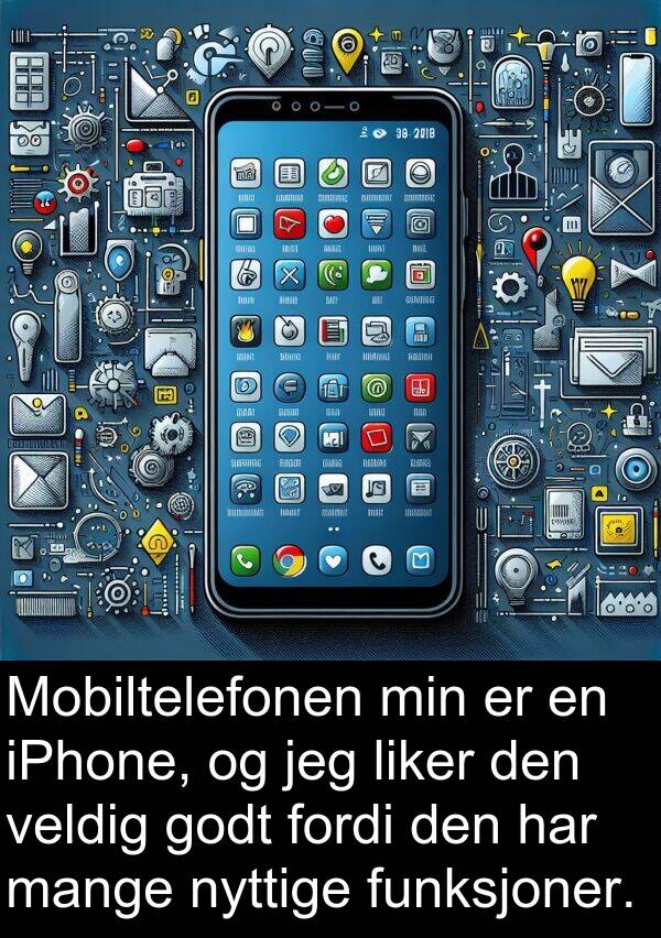 nyttige: Mobiltelefonen min er en iPhone, og jeg liker den veldig godt fordi den har mange nyttige funksjoner.