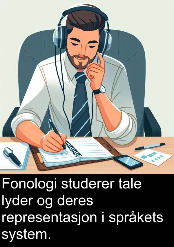 studerer: Fonologi studerer tale lyder og deres representasjon i språkets system.