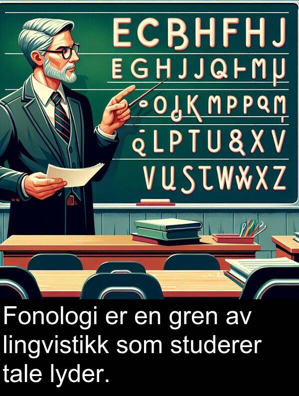 studerer: Fonologi er en gren av lingvistikk som studerer tale lyder.