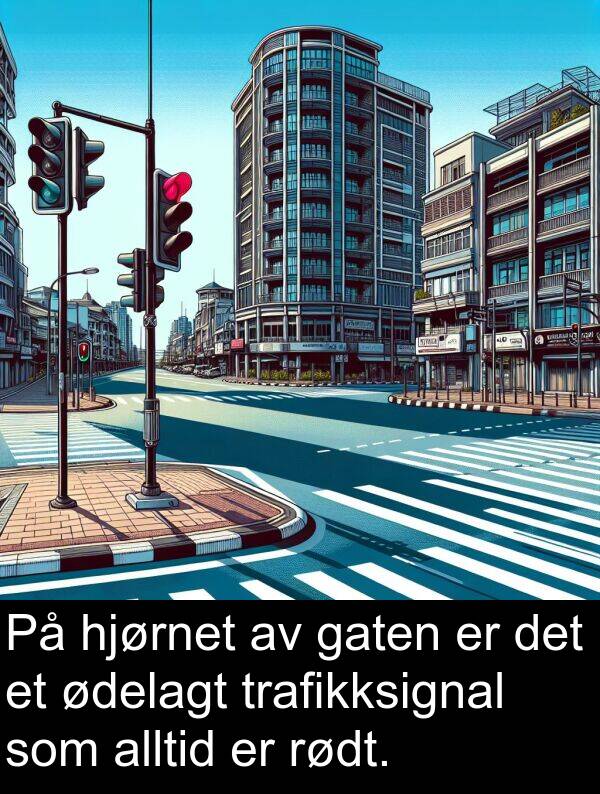 ødelagt: På hjørnet av gaten er det et ødelagt trafikksignal som alltid er rødt.