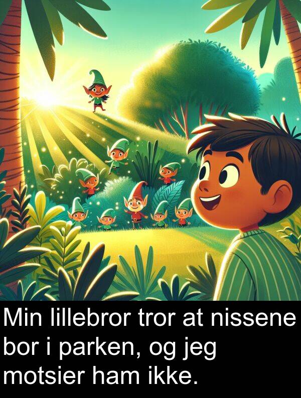 nissene: Min lillebror tror at nissene bor i parken, og jeg motsier ham ikke.