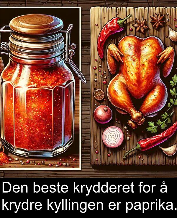 beste: Den beste krydderet for å krydre kyllingen er paprika.