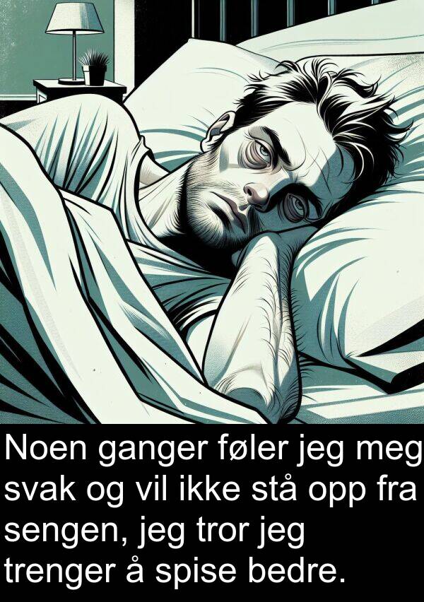 sengen: Noen ganger føler jeg meg svak og vil ikke stå opp fra sengen, jeg tror jeg trenger å spise bedre.