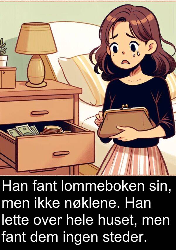 nøklene: Han fant lommeboken sin, men ikke nøklene. Han lette over hele huset, men fant dem ingen steder.