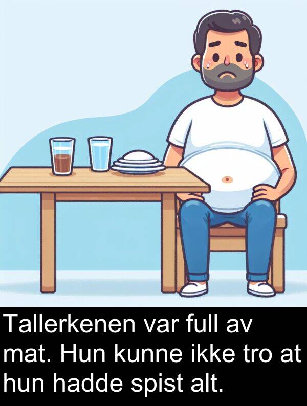 mat: Tallerkenen var full av mat. Hun kunne ikke tro at hun hadde spist alt.
