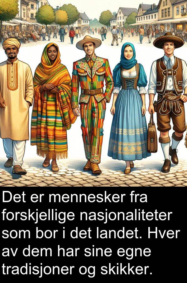 nasjonaliteter: Det er mennesker fra forskjellige nasjonaliteter som bor i det landet. Hver av dem har sine egne tradisjoner og skikker.