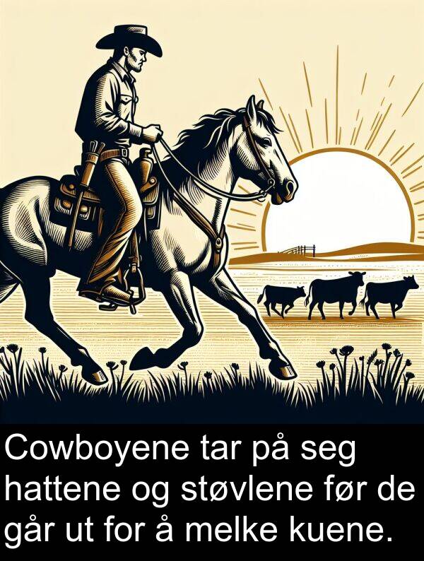 tar: Cowboyene tar på seg hattene og støvlene før de går ut for å melke kuene.