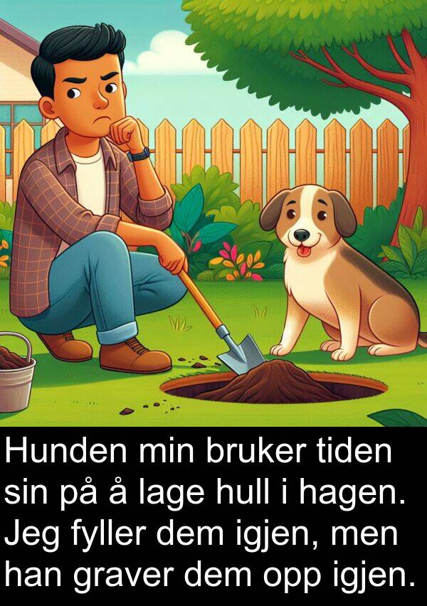 graver: Hunden min bruker tiden sin på å lage hull i hagen. Jeg fyller dem igjen, men han graver dem opp igjen.