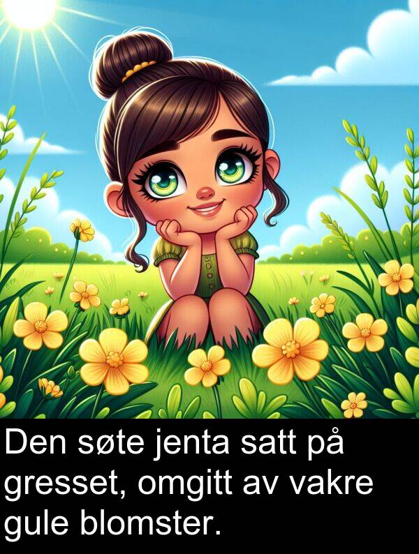 vakre: Den søte jenta satt på gresset, omgitt av vakre gule blomster.