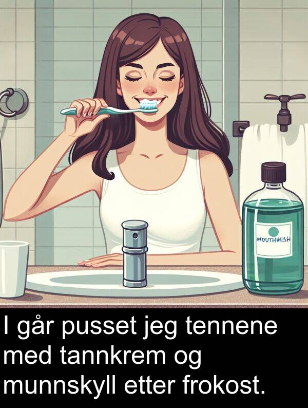 munnskyll: I går pusset jeg tennene med tannkrem og munnskyll etter frokost.