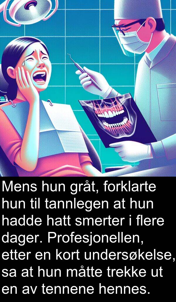 undersøkelse: Mens hun gråt, forklarte hun til tannlegen at hun hadde hatt smerter i flere dager. Profesjonellen, etter en kort undersøkelse, sa at hun måtte trekke ut en av tennene hennes.