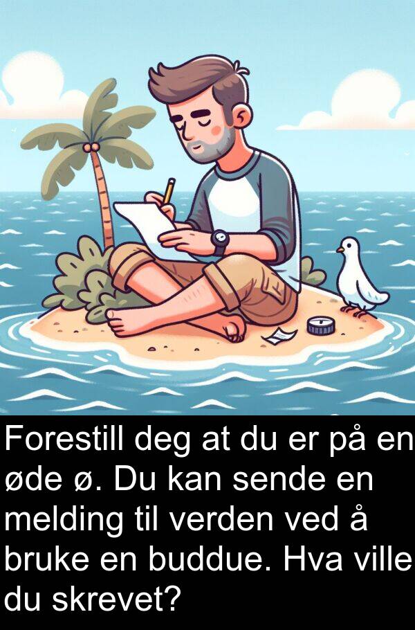 øde: Forestill deg at du er på en øde ø. Du kan sende en melding til verden ved å bruke en buddue. Hva ville du skrevet?