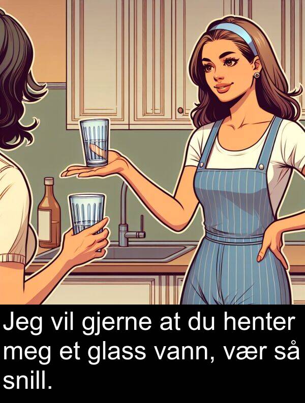 glass: Jeg vil gjerne at du henter meg et glass vann, vær så snill.